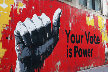 "Your Vote is Power" on a modern graphic with a hand reaching for the ballot box.