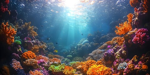 Breathtaking underwater scene showcasing a vibrant coral reef teeming with colorful marine life, illuminated by shimmering sunlight filtering through the water.