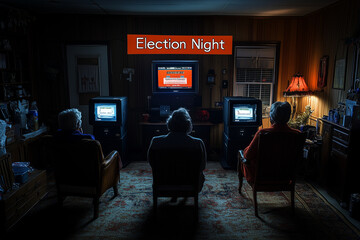 Family in a living room watching election results with "Election Night" banner at the top.