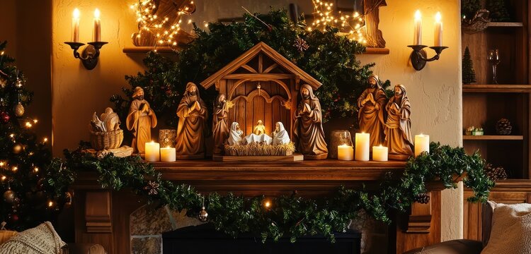 A warm rustic Christmas living room scene with a large, hand-carved wooden nativity set displayed on a mantel, surrounded by candles and a garland of greenery.