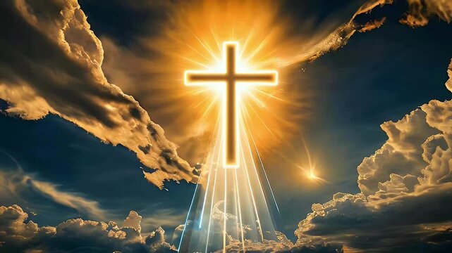 A golden cross shines through the clouds, radiating light. A dove flies towards the cross, symbolizing peace and hope.