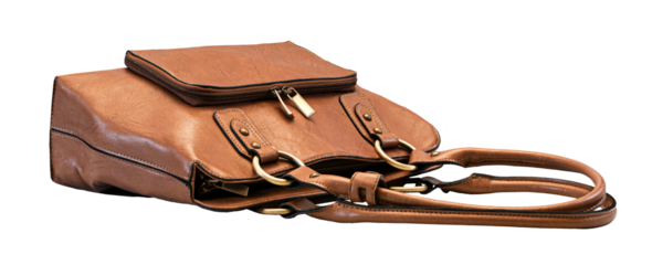 Handbag Leather with Gold Rings and laying flat on a flat surface