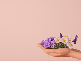 Hands holding lavender and chamomile, natural plantbased healing, 3D illustration