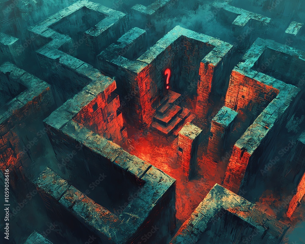 Poster artistic depiction of a maze made of question marks, symbolizing the journey of finding answers to o
