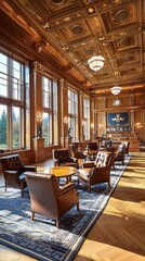 Fototapeta premium Luxurious Interior Design with Ornate Ceiling and Leather Armchairs.