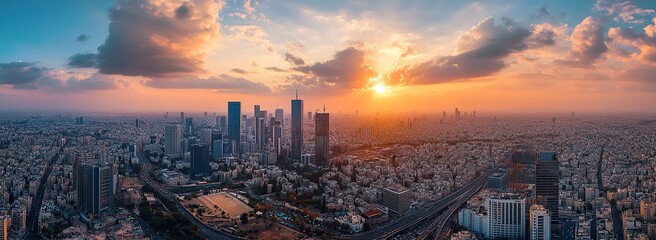 Panoramic aerial view of the Tel Aviv cityscape at sunset, with buildings and streets in the foreground.