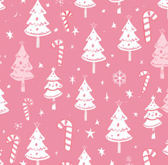Pink Christmas trees and candy cane patterns, pink background, white lines, vector illustration