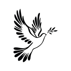 Obraz premium A silhouette of a dove flying with an olive branch in its beak, symbolizing peace and harmony.