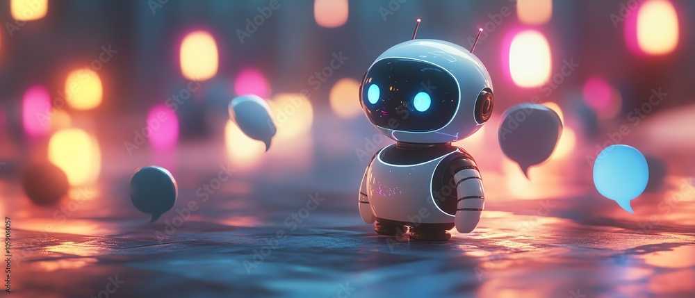 Poster Dynamic image of a cheerful chatbot surrounded by animated speech bubbles, symbolizing friendly communication and the effectiveness of generative AI in customer support