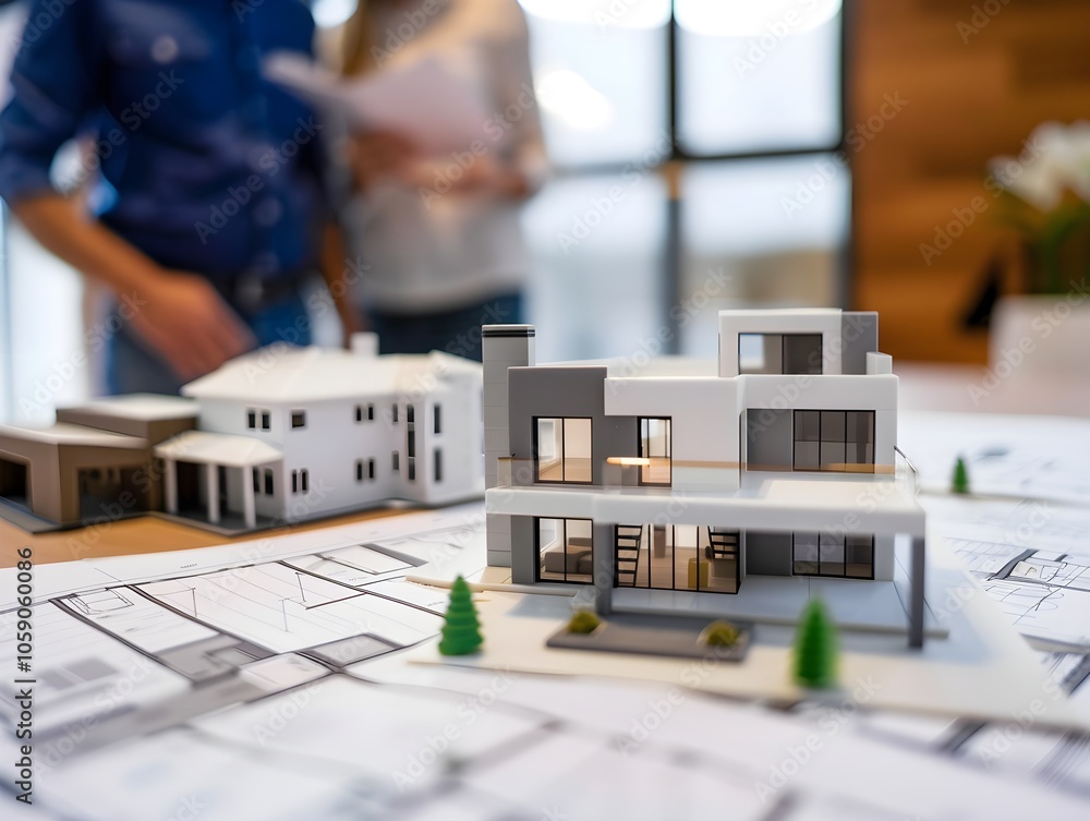 Aufkleber modern architectural model on design blueprint table
