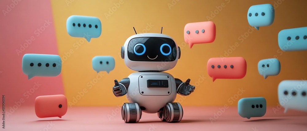 Poster Dynamic image of a cheerful chatbot surrounded by animated speech bubbles, symbolizing friendly communication and the effectiveness of generative AI in customer support