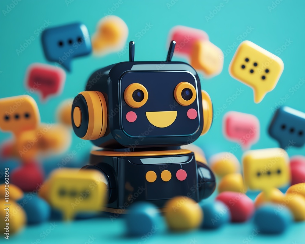 Poster Dynamic image of a cheerful chatbot surrounded by animated speech bubbles, symbolizing friendly communication and the effectiveness of generative AI in customer support