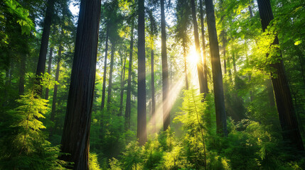 Naklejka premium Tall redwood trees in a foggy forest with gentle sunlight streaming through the branches.