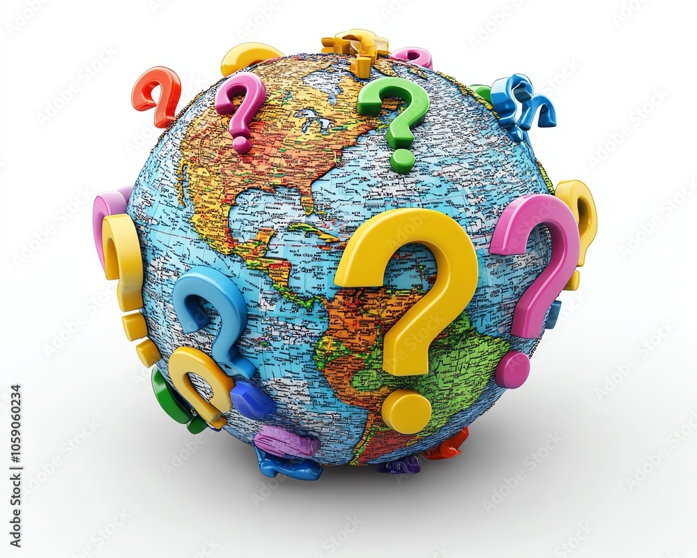 Poster dynamic image of a globe surrounded by various question marks, representing the global nature of onl