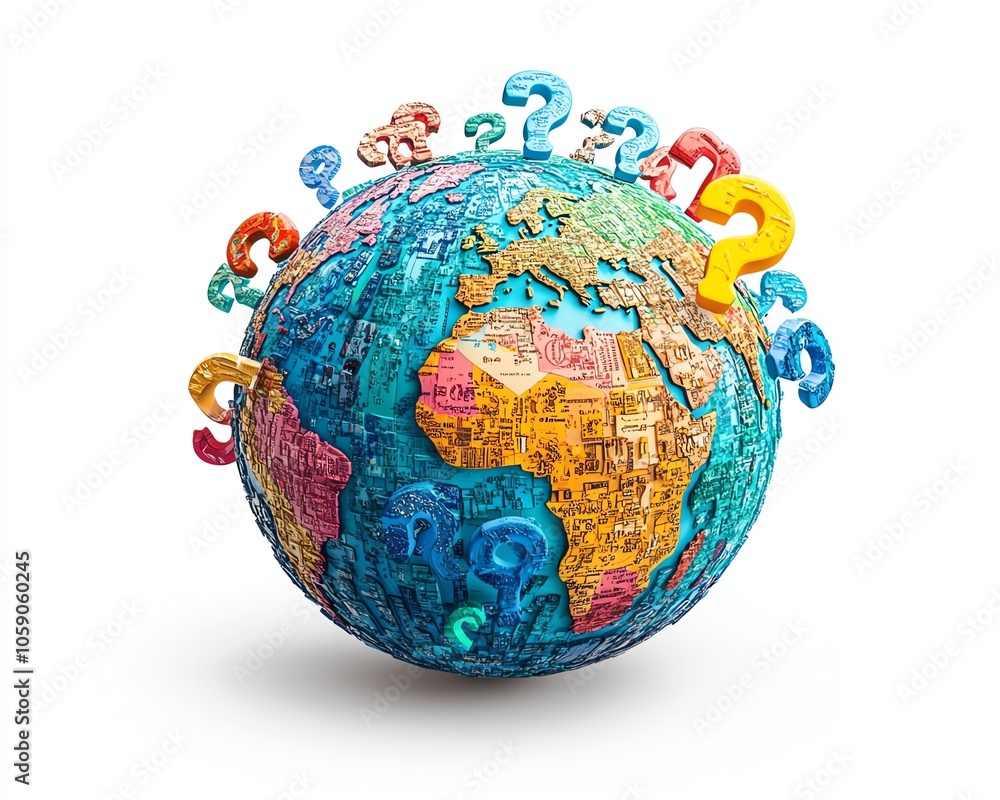Poster dynamic image of a globe surrounded by various question marks, representing the global nature of onl