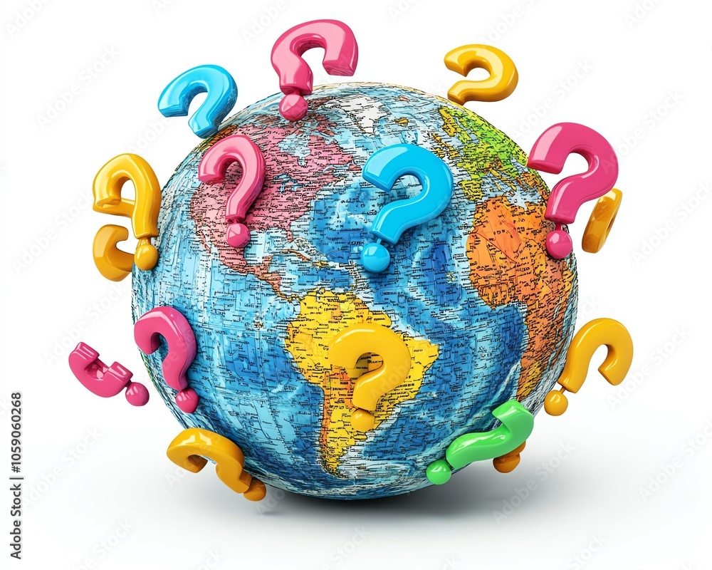 Poster dynamic image of a globe surrounded by various question marks, representing the global nature of onl