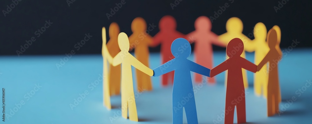 Poster Dynamic scene of paper figures standing together in a circle, hands linked, representing the spirit of community support, with a clean background for text integration
