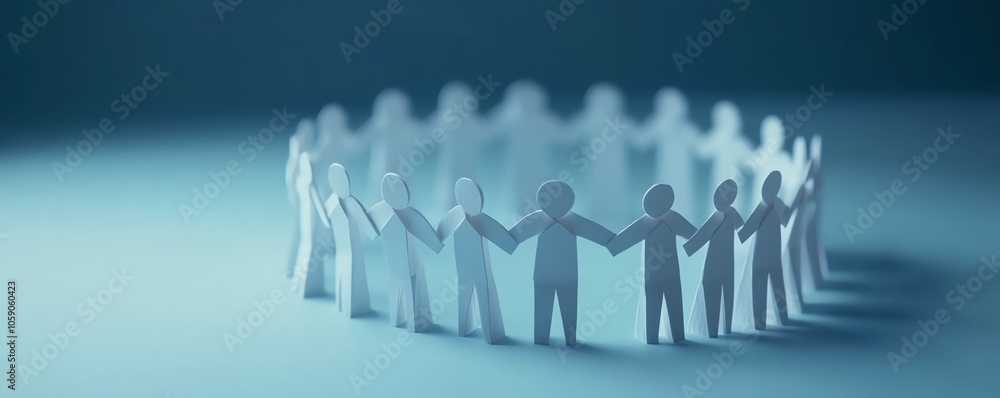 Poster Dynamic scene of paper figures standing together in a circle, hands linked, representing the spirit of community support, with a clean background for text integration