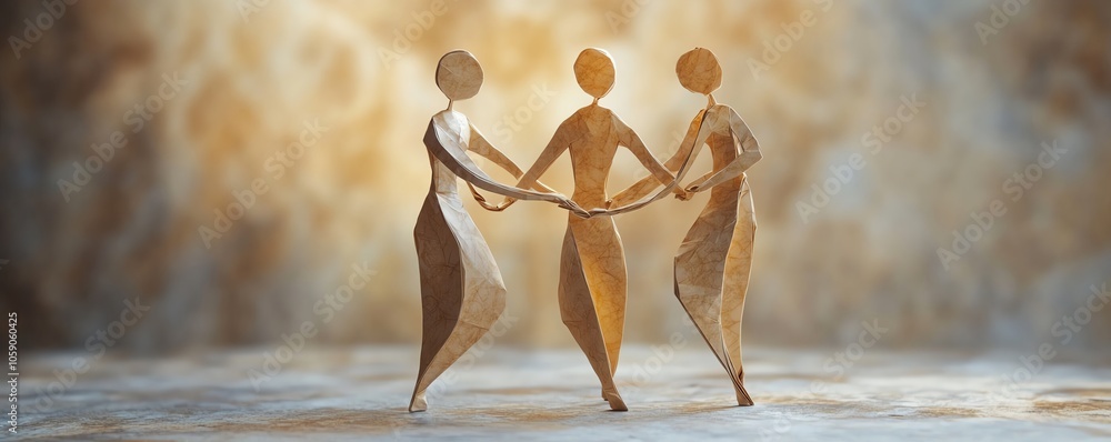 Aufkleber dynamic scene of paper figures standing together in a circle, hands linked, representing the spirit 