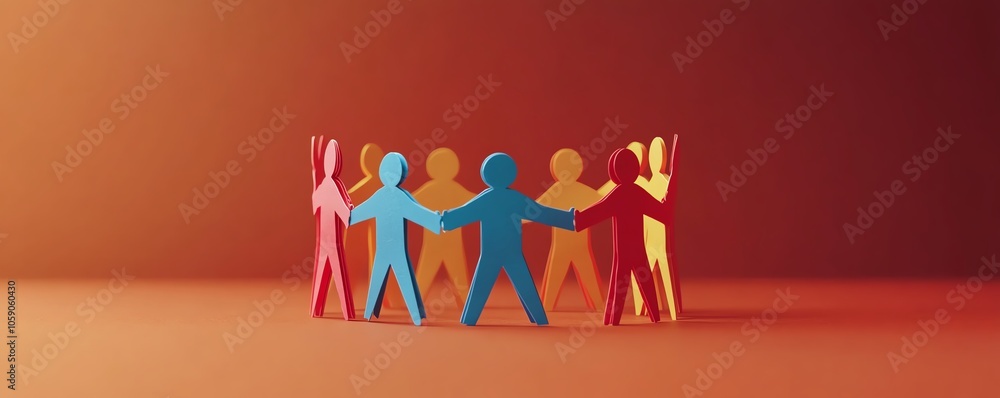 Poster Dynamic scene of paper figures standing together in a circle, hands linked, representing the spirit of community support, with a clean background for text integration