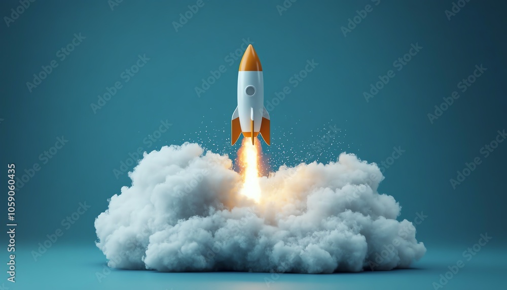 Poster dynamic visual of a rocket launching from a brainstorming cloud, representing the power of creative 