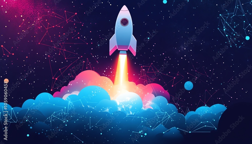 Poster dynamic visual of a rocket launching from a brainstorming cloud, representing the power of creative 