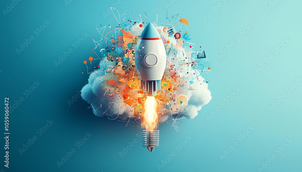 Poster dynamic visual of a rocket launching from a brainstorming cloud, representing the power of creative 