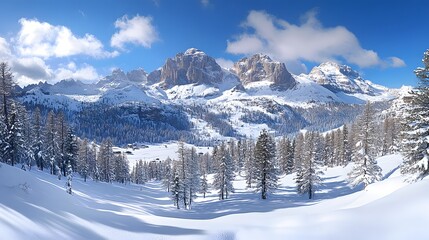 Panoramic winter mountain vista with snow-covered pines, pristine white snow, majestic peaks, crystal clear blue sky, frost-covered forest wonderland.