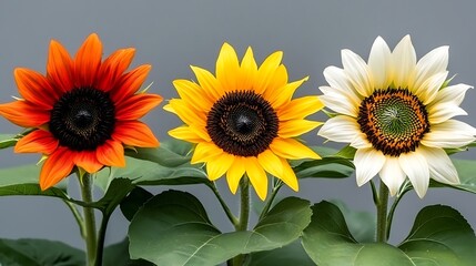 Obraz premium Three Sunflowers in Orange Yellow and White with Green Leaves