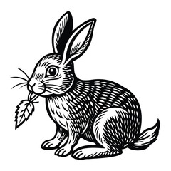 Black and White Rabbit Illustration with Leaf