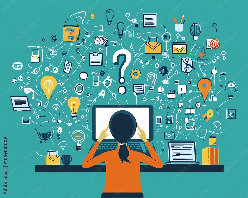 Poster graphic depicting a person browsing the internet with question marks and icons around them, symboliz