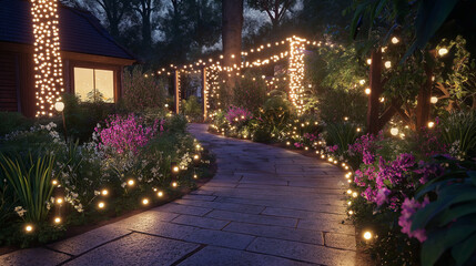 A peaceful garden scene at night, decorated with warm, glowing fairy lights among plants and trees. --ar 16:9 --personalize v73lhwr --v 6.1 Job ID: c721aea2-20c6-4c3b-969d-b0b9be176bfa