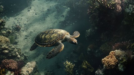 Fototapeta premium Majestic Sea Turtle Gliding Through Coral Reef