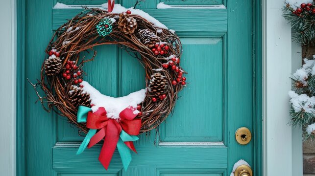 A whimsical Christmas wreath made of intertwined grapevines, adorned with colorful fabric ribbons and hand-painted pinecones, hanging on a bright teal door