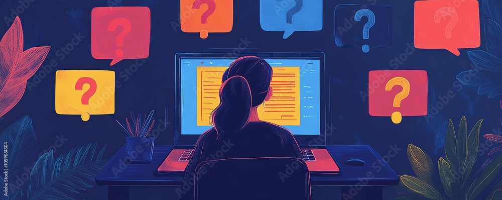 Poster graphic showing a collection of question marks on a laptop screen, representing the diversity of onl