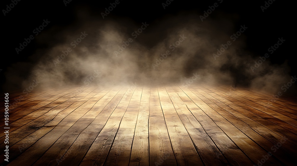 Poster wooden floor with fog blank background with copy space for design projects