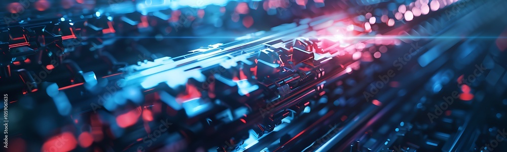 Poster a vibrant, abstract representation of digital data flow with blue and red lights, showcasing technol