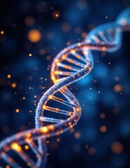 3D DNA Helix with Glowing Particles on Blue Background