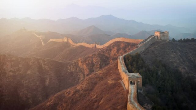 Aerial shot of the Great Wall of China at sunrise.