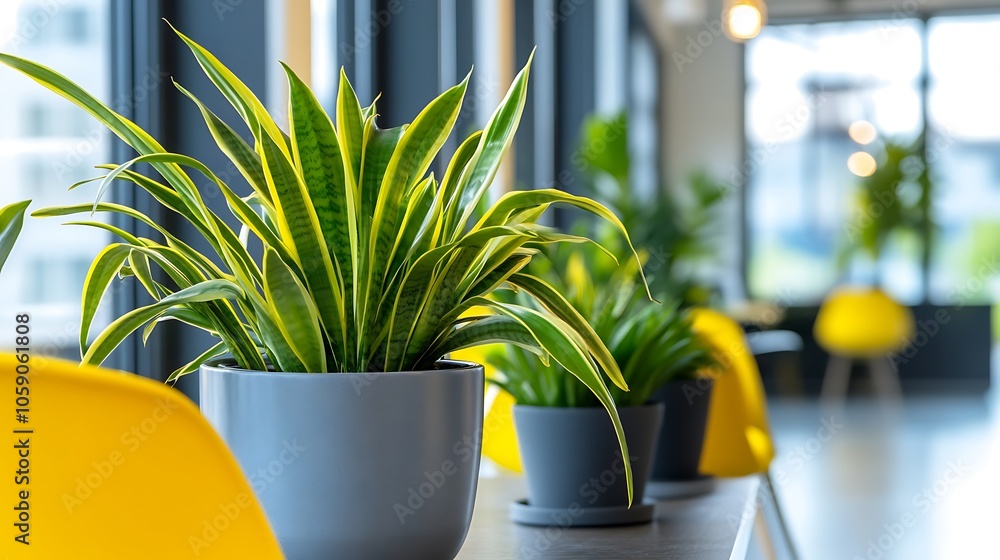 Poster office plants in modern space subtle blur background with space for custom text