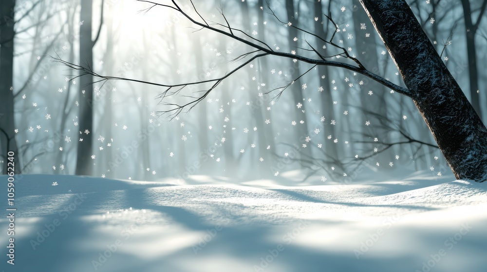 Poster serene snowstorm in dense forest with snowflakes gently falling, creating peaceful winter scene with