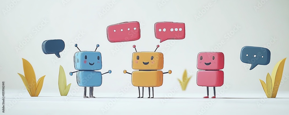 Poster Illustration of a chatbot character chatting with multiple users, each represented by colorful speech bubbles, symbolizing friendly engagement and assistance through AI