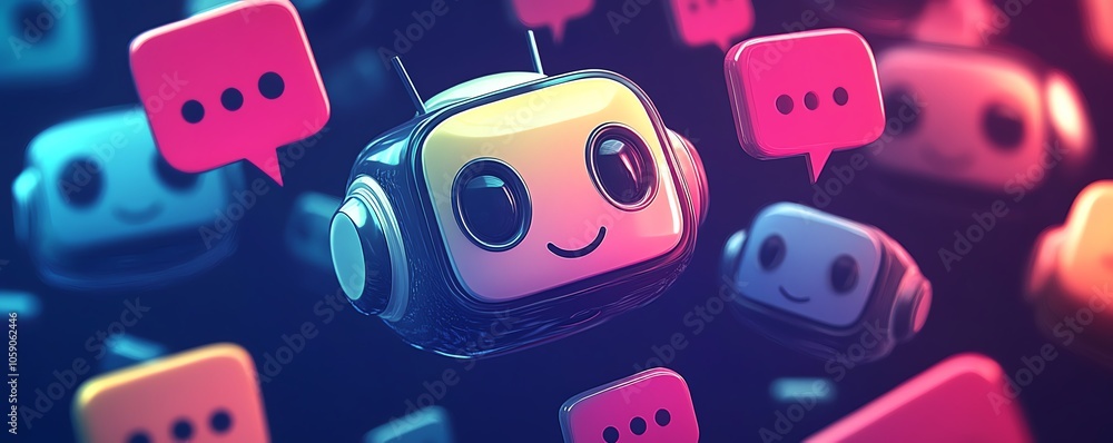 Poster Illustration of a chatbot character chatting with multiple users, each represented by colorful speech bubbles, symbolizing friendly engagement and assistance through AI