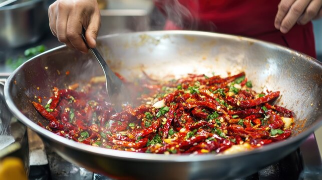 Spicy stir-fry with red chilies and vegetables in a wok for asian cuisine Cook Something Bold and Pungent Day