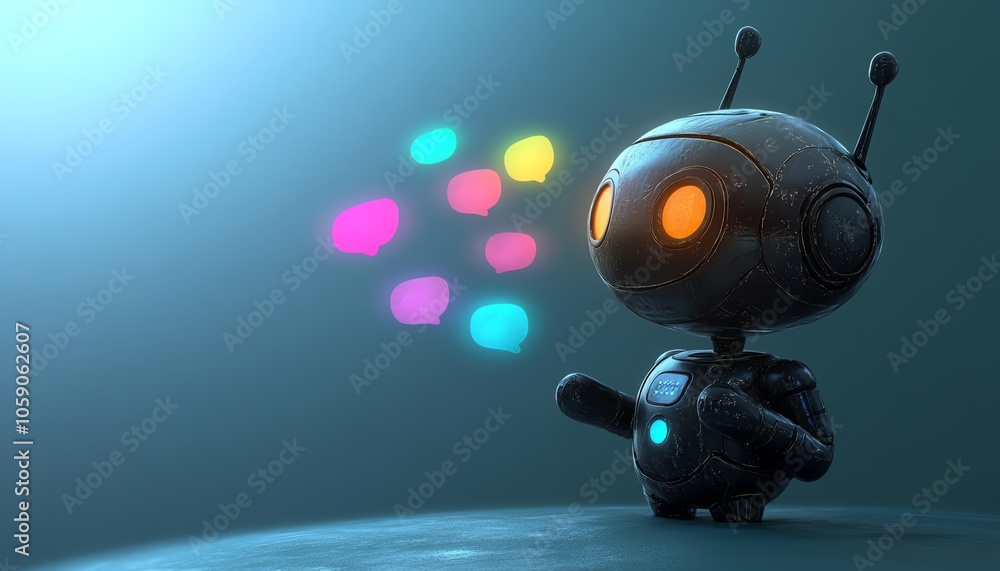 Poster Illustration of a chatbot character chatting with multiple users, each represented by colorful speech bubbles, symbolizing friendly engagement and assistance through AI