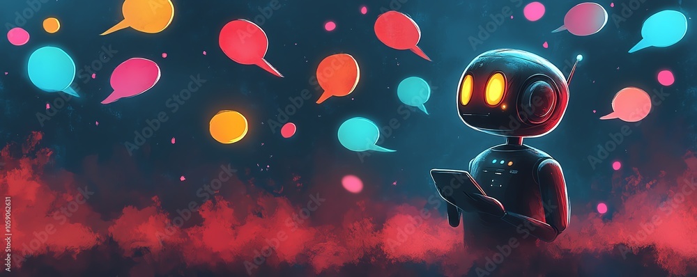 Poster Illustration of a chatbot character chatting with multiple users, each represented by colorful speech bubbles, symbolizing friendly engagement and assistance through AI