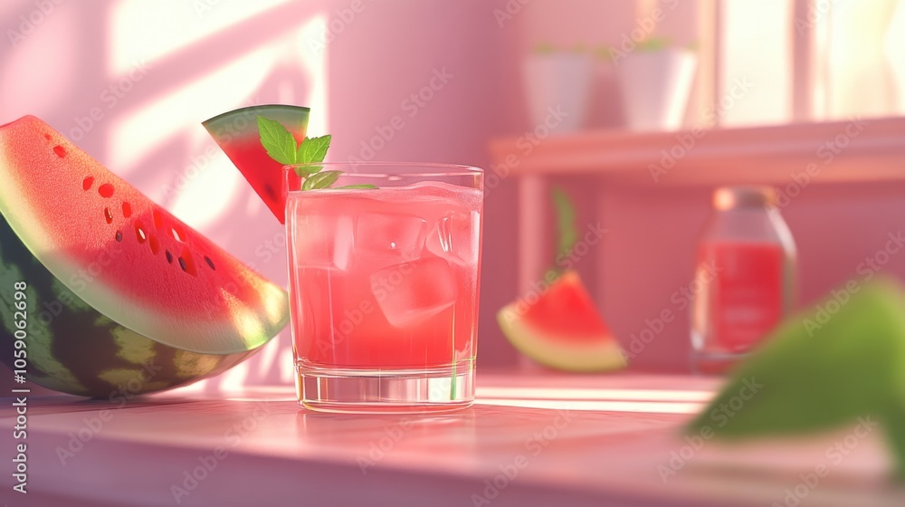 Poster refreshing watermelon drink with slices on table
