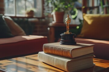 Vintage trophy in sunlit living room with classic books for interior design inspiration National Book Award Week