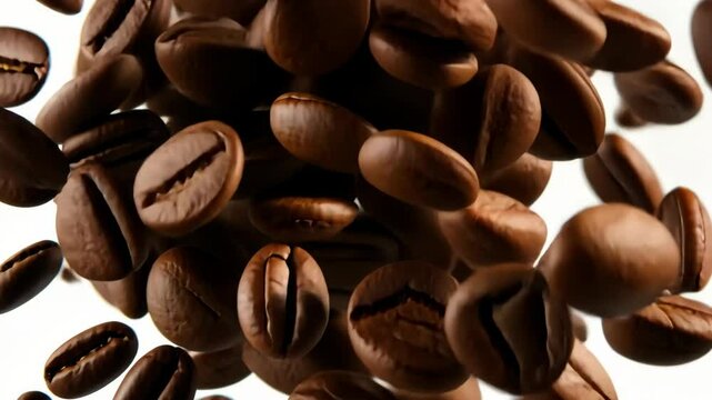 Roasted coffee beans fall against a white background