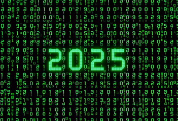 digital matrix grid with the numbers “2025” appearing in bright green